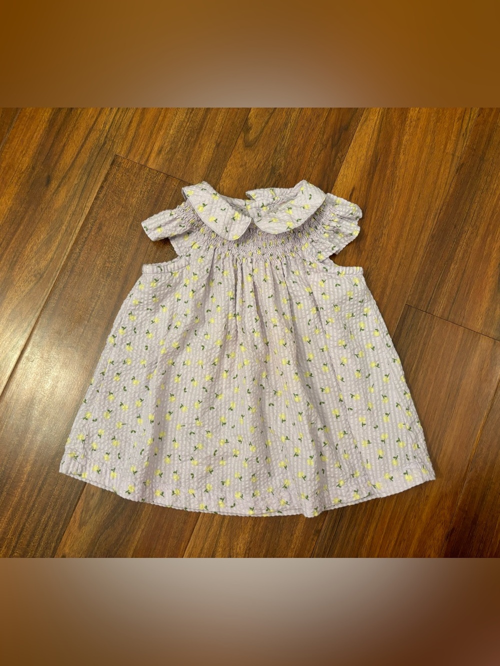 Hanna Andersson Seersucker Smocked Short Sleeve Collared Purple Floral Dress